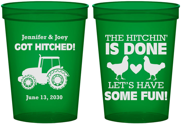 Custom Wedding 16 oz Translucent Cups - Got Hitched Tractor | 397