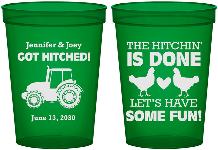 Custom Wedding 16 oz Translucent Cups - Got Hitched Tractor | 397