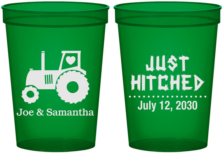 Custom Wedding 16 oz Translucent Cups - Just Hitched Tractor | 429