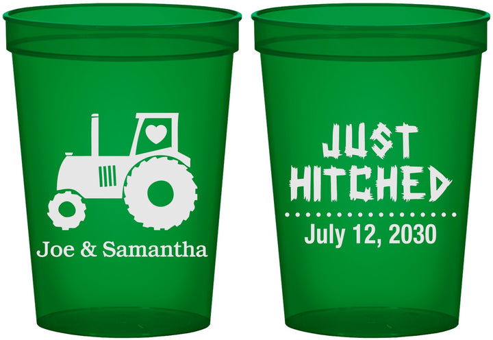 Custom Wedding 16 oz Translucent Cups - Just Hitched Tractor | 429