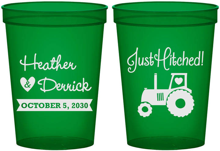 Custom Wedding 16 oz Translucent Cups - Just Hitched Tractor | 482