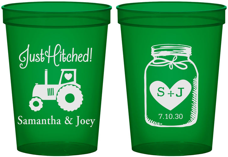 Custom Wedding 16 oz Translucent Cups - Just Hitched Mason Jar | 483