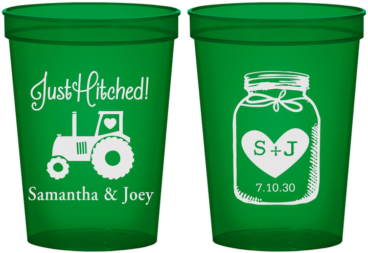 Custom Wedding 16 oz Translucent Cups - Just Hitched Mason Jar | 483