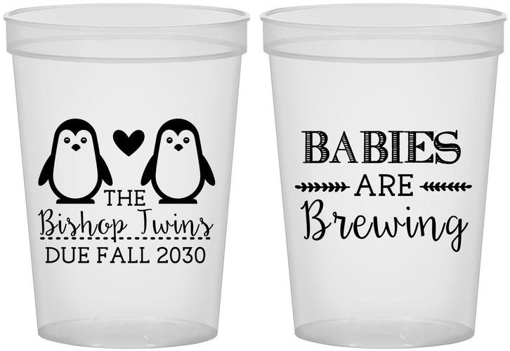 Custom Baby Shower 16 oz Translucent Cups - Twins Baby Penguins | 90070