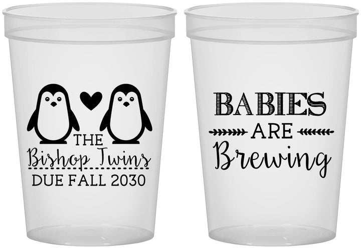 Custom Baby Shower 16 oz Translucent Cups - Twins Baby Penguins | 90070