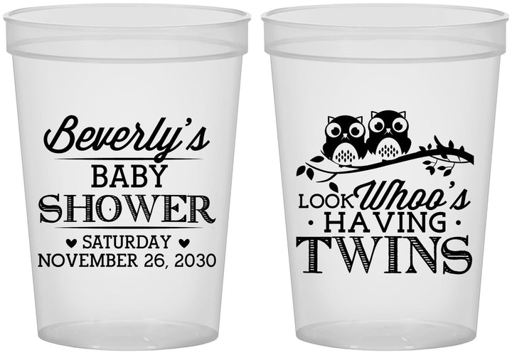 Custom Baby Shower 16 oz Translucent Cups - Twins Baby Owls | 90074