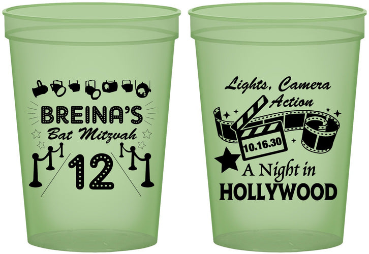 Custom Bat Mitzvah 16 oz Glow In The Dark Cups - 12th Birthday Hollywood | 120006