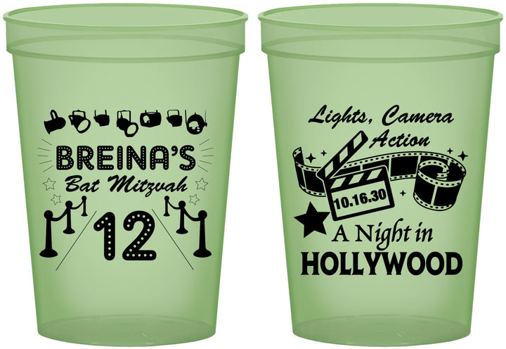 Custom Bat Mitzvah 16 oz Glow In The Dark Cups - 12th Birthday Hollywood | 120006