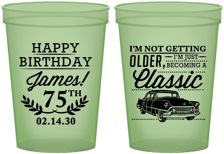 Custom Birthday 16 oz Glow In The Dark Cups - 75th Classic Car | 20055