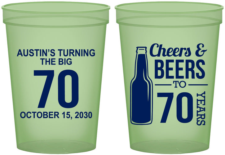 Custom Birthday 16 oz Glow In The Dark Cups - Cheers Beers To 70 Years | 20161