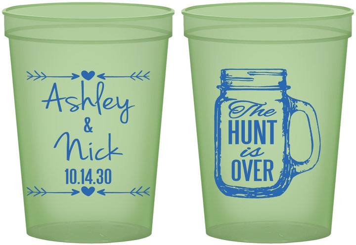 Custom Wedding 16 oz Glow In The Dark Cups - The Hunt Is Over Mason Jar | 211