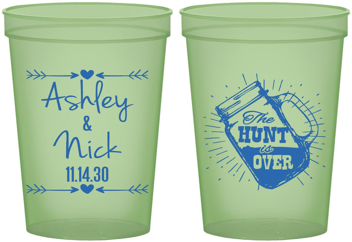 Custom Wedding 16 oz Glow In The Dark Cups - The Hunt Is Over Mason Jar | 218