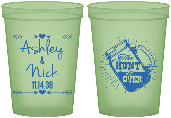 Custom Wedding 16 oz Glow In The Dark Cups - The Hunt Is Over Mason Jar | 218