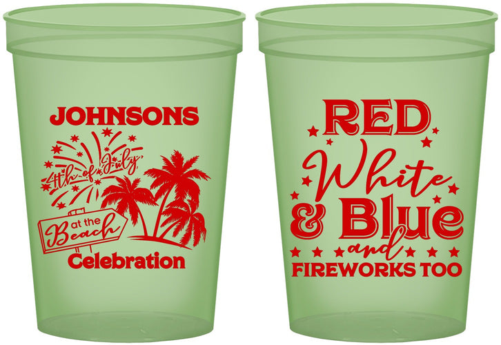 Custom 4th Of July 16 oz Glow In The Dark Cups - Beach Fireworks | 220022