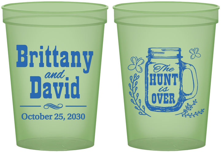 Custom Wedding 16 oz Glow In The Dark Cups - The Hunt Is Over Mason Jar | 223