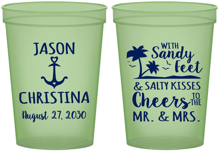 Custom Wedding 16 oz Glow In The Dark Cups - Sandy Feet Salty Kisses | 290