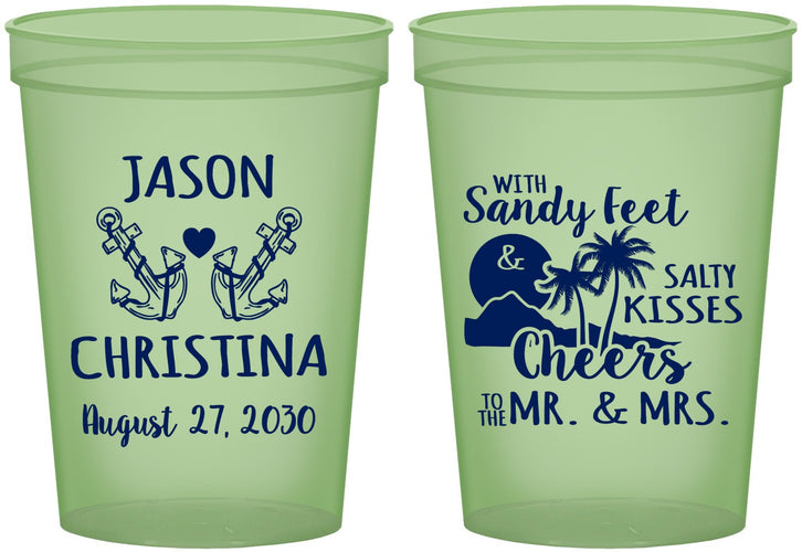Custom Wedding 16 oz Glow In The Dark Cups - Sandy Feet Salty Kisses | 291