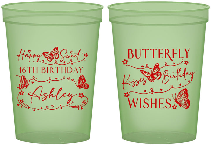 Custom 16th Birthday 16 oz Glow In The Dark Cups - Butterfly Wishes | 300001
