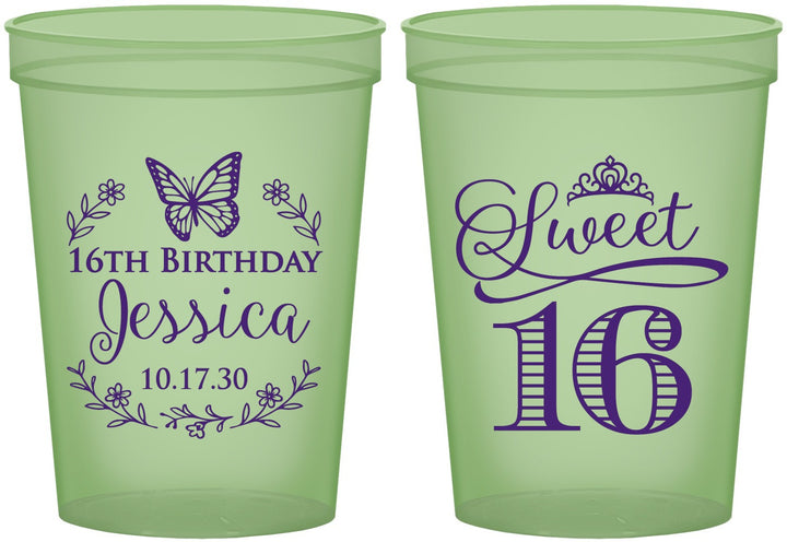 Custom 16th Birthday 16 oz Glow In The Dark Cups - Butterfly | 300005