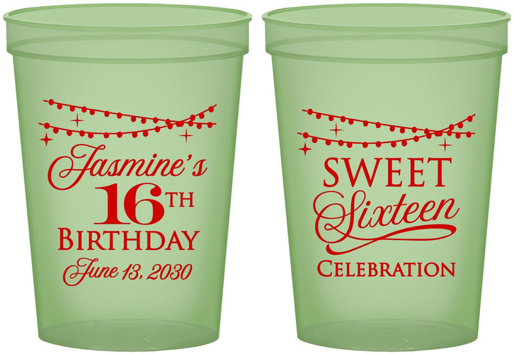 Custom 16th Birthday 16 oz Glow In The Dark Cups - String Lights | 300009