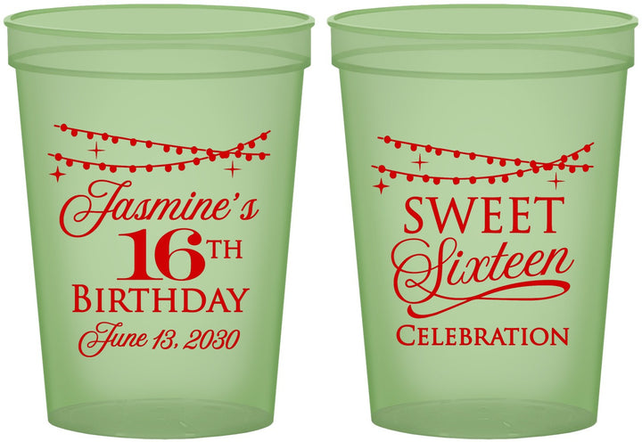 Custom 16th Birthday 16 oz Glow In The Dark Cups - String Lights | 300009