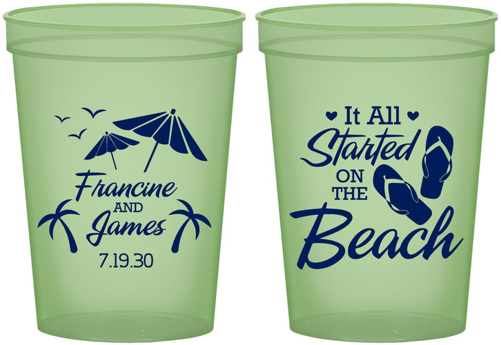 Custom Wedding 16 oz Glow In The Dark Cups - Started On The Beach | 310