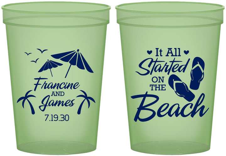 Custom Wedding 16 oz Glow In The Dark Cups - Started On The Beach | 310