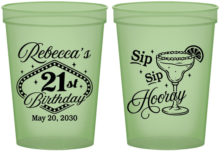 Custom 21st Birthday 16 oz Glow In The Dark Cups - Sip Sip Hooray Vegas | 340006
