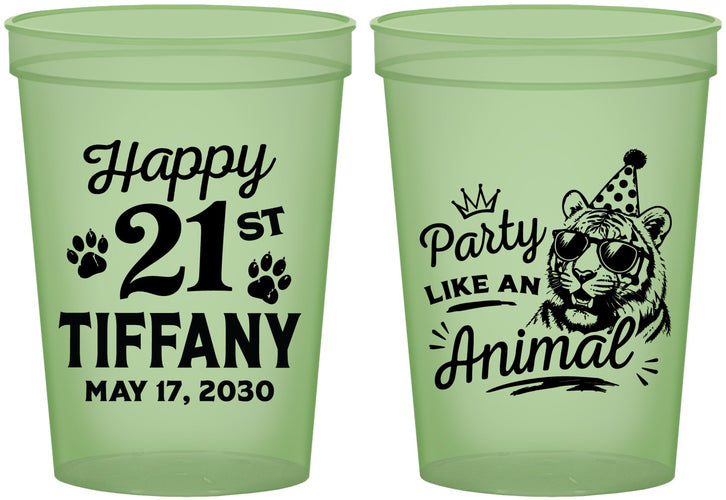 Custom 21st Birthday 16 oz Glow In The Dark Cups - Party Like An Animal Tiger | 340020