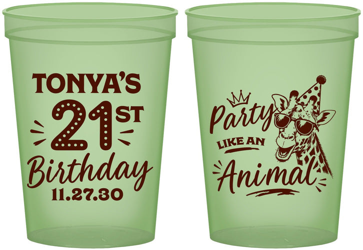 Custom 21st Birthday 16 oz Glow In The Dark Cups - Party Like An Animal Giraffe | 340022