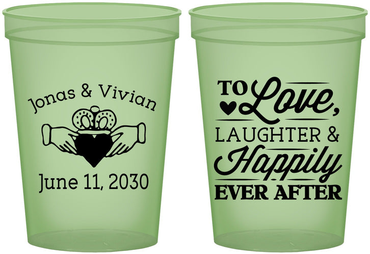 Custom Wedding 16 oz Glow In The Dark Cups - Love Laughter Happily | 346