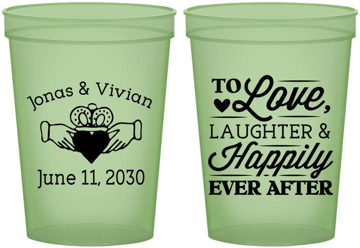 Custom Wedding 16 oz Glow In The Dark Cups - Love Laughter Happily | 346