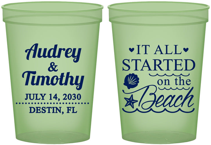 Custom Wedding 16 oz Glow In The Dark Cups - Started On The Beach | 361
