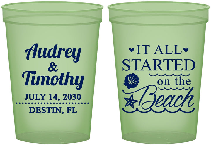 Custom Wedding 16 oz Glow In The Dark Cups - Started On The Beach | 361
