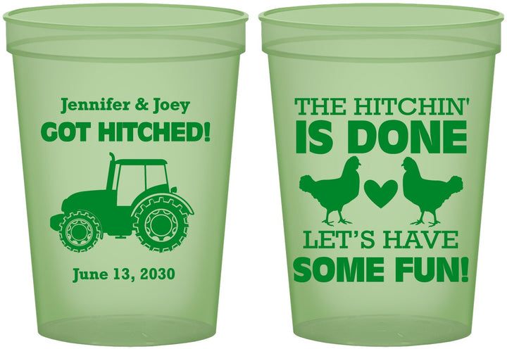 Custom Wedding 16 oz Glow In The Dark Cups - Got Hitched Tractor | 397