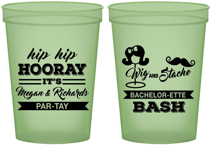 Custom Bachelor Party 16 oz Glow In The Dark Cups - Wig Or Stache | 40058
