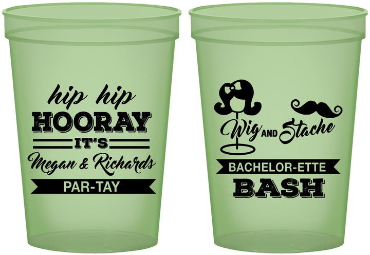 Custom Bachelor Party 16 oz Glow In The Dark Cups - Wig Or Stache | 40058
