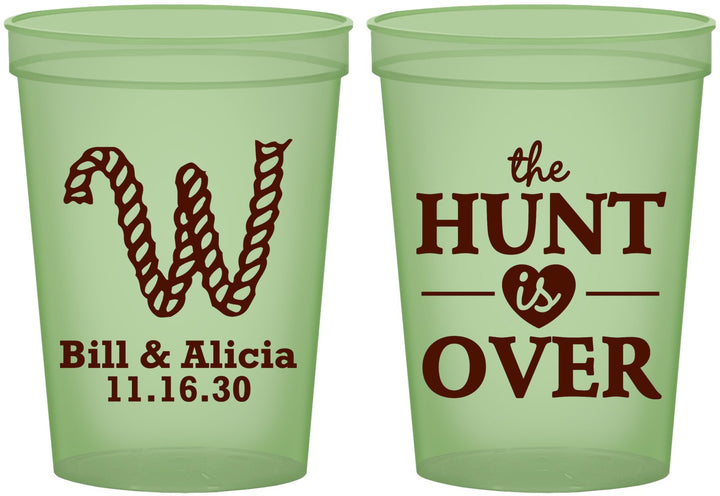 Custom Wedding 16 oz Glow In The Dark Cups - Monogram Hunt Is Over | 406
