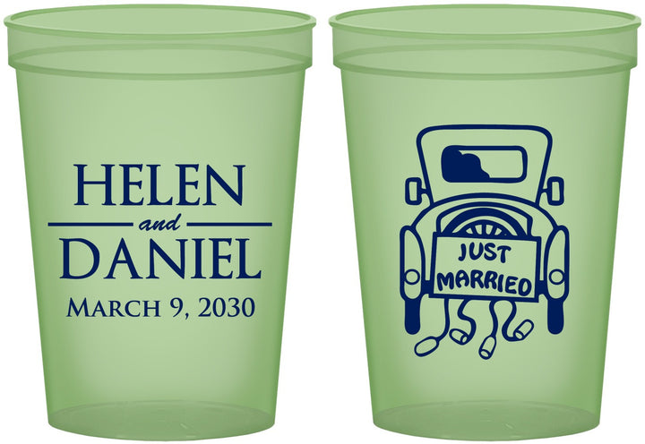 Custom Wedding 16 oz Glow In The Dark Cups - Just Married Old Car | 413