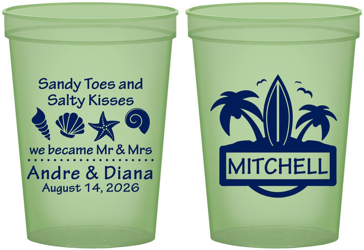 Custom Wedding 16 oz Glow In The Dark Cups - Sandy Toes Salty Kisses | 419