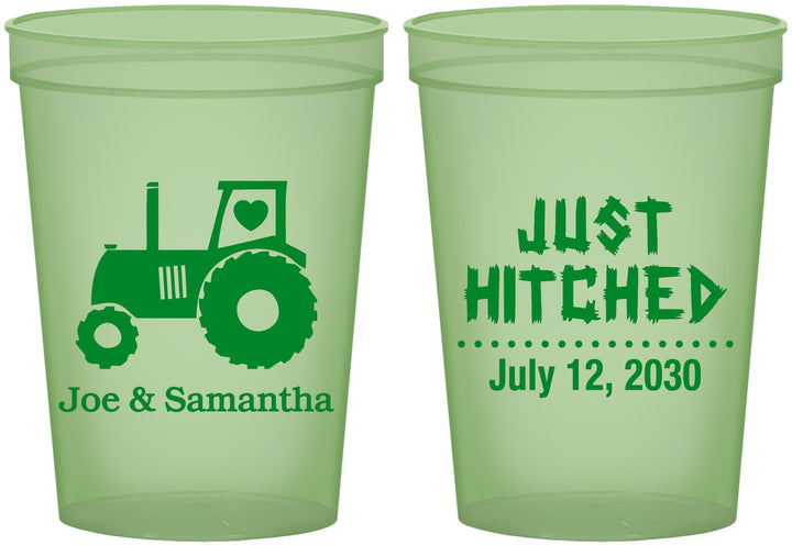 Custom Wedding 16 oz Glow In The Dark Cups - Just Hitched Tractor | 429