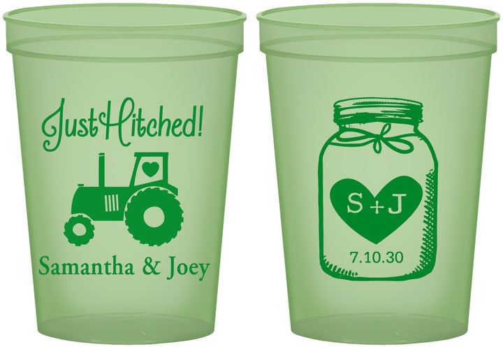 Custom Wedding 16 oz Glow In The Dark Cups - Just Hitched Mason Jar | 483