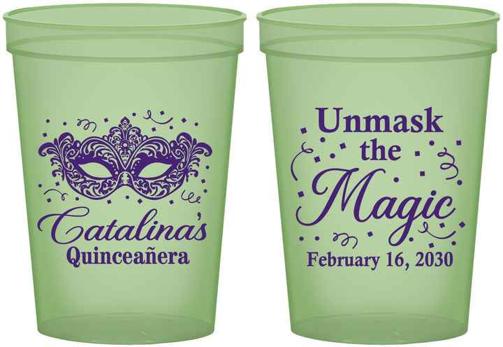 Custom Quinceanera 16 oz Glow In The Dark Cups - Mardi Gras Quince | 70010