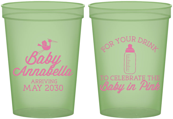 Custom Baby Shower 16 oz Glow In The Dark Cups - Drink Baby In Pink | 90014