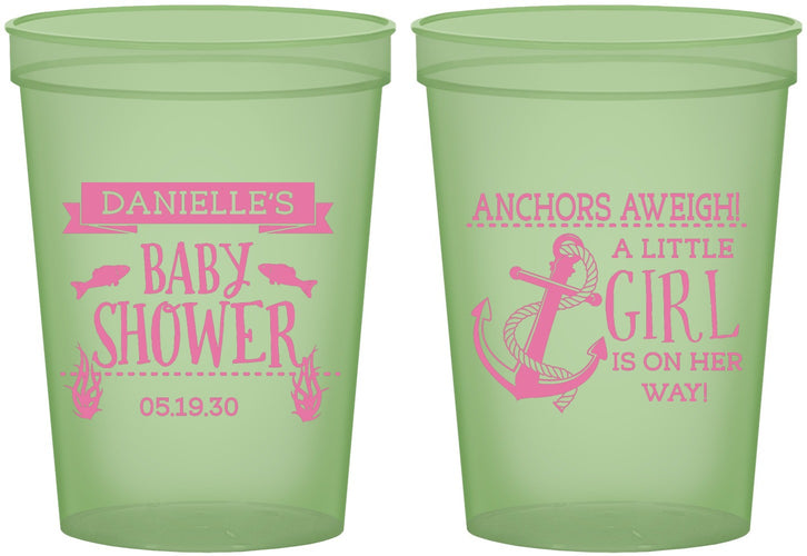Custom Baby Shower 16 oz Glow In The Dark Cups - Anchors Aweigh Little Girl | 90056