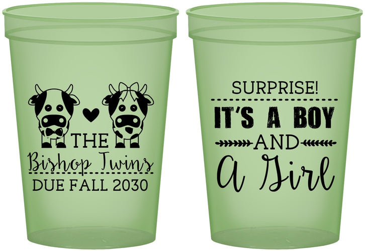 Custom Baby Shower 16 oz Glow In The Dark Cups - Twins Baby Cows | 90067