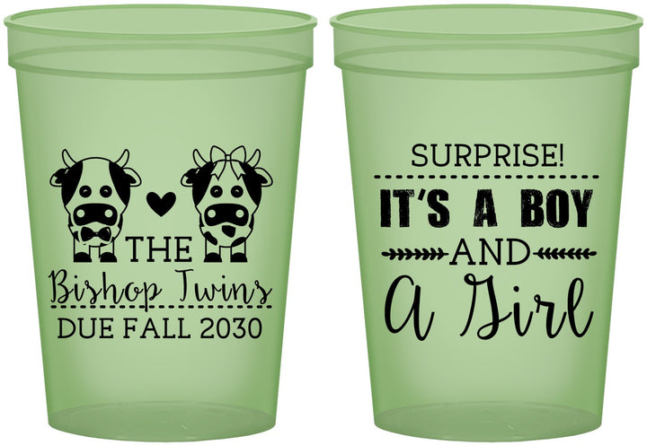 Custom Baby Shower 16 oz Glow In The Dark Cups - Twins Baby Cows | 90067
