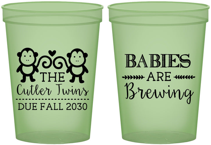 Custom Baby Shower 16 oz Glow In The Dark Cups - Twins Baby Monkeys | 90068