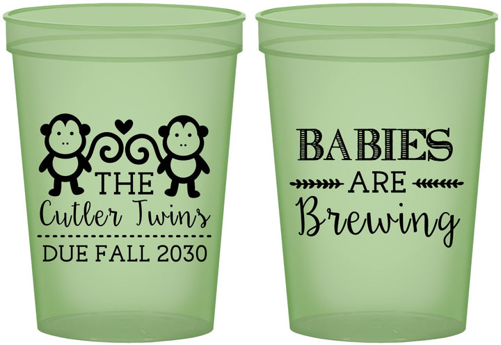 Custom Baby Shower 16 oz Glow In The Dark Cups - Twins Baby Monkeys | 90068