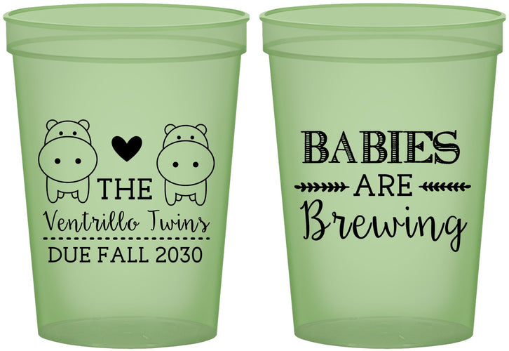Custom Baby Shower 16 oz Glow In The Dark Cups - Twins Baby Hippos | 90069